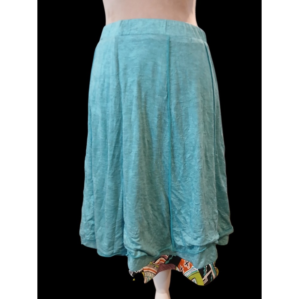 Zoe Turquoise Blue Crinkle Textured Midi Skirt Multi-Color Print Hem Size Small